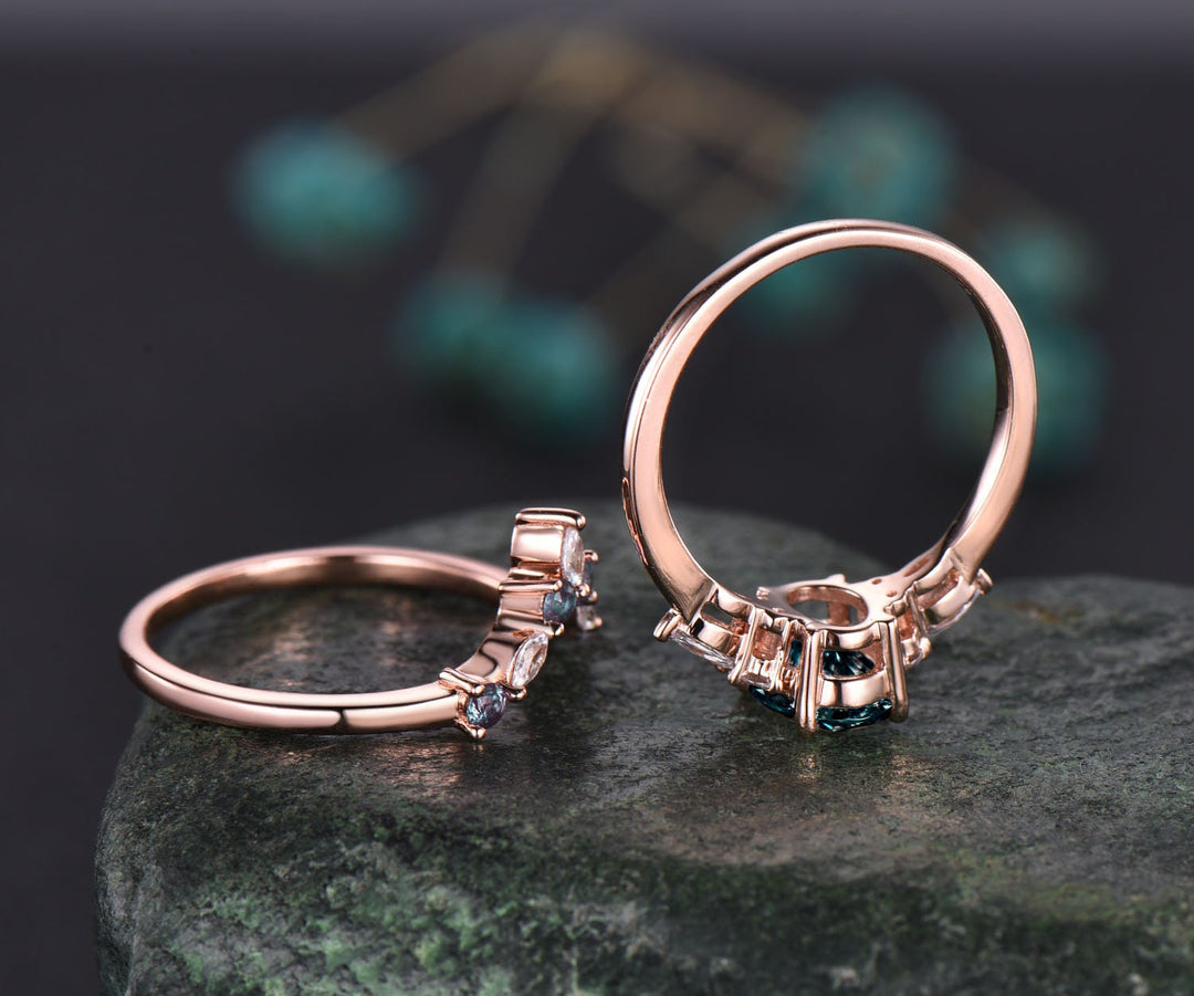 Unique engagement ring set oval cut Alexandrite engagement ring set vintage rose gold ring set cluster marquise ring moissanite ring set