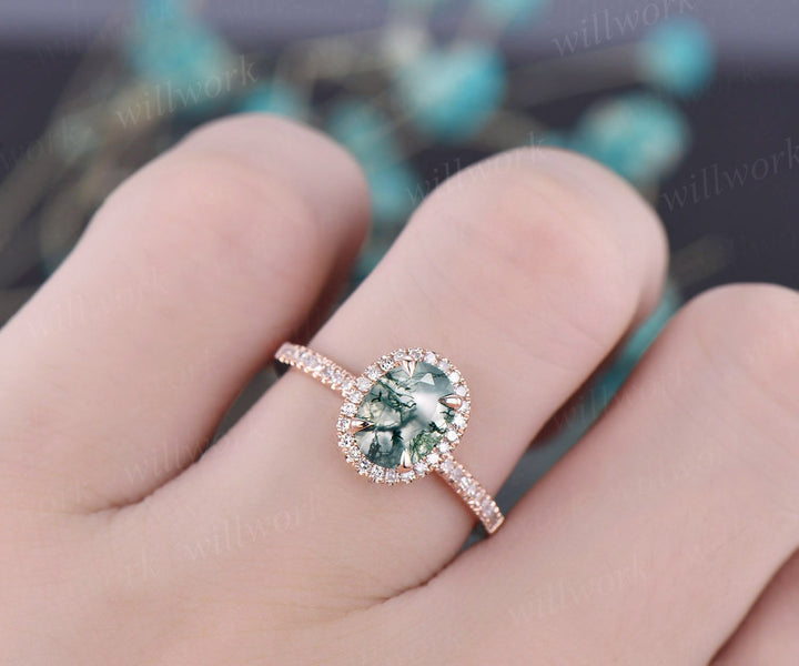 Diamond halo engagement ring vintage moss agate engagement ring rose gold ring for women jewelry eternity ring green stone ring bridal ring