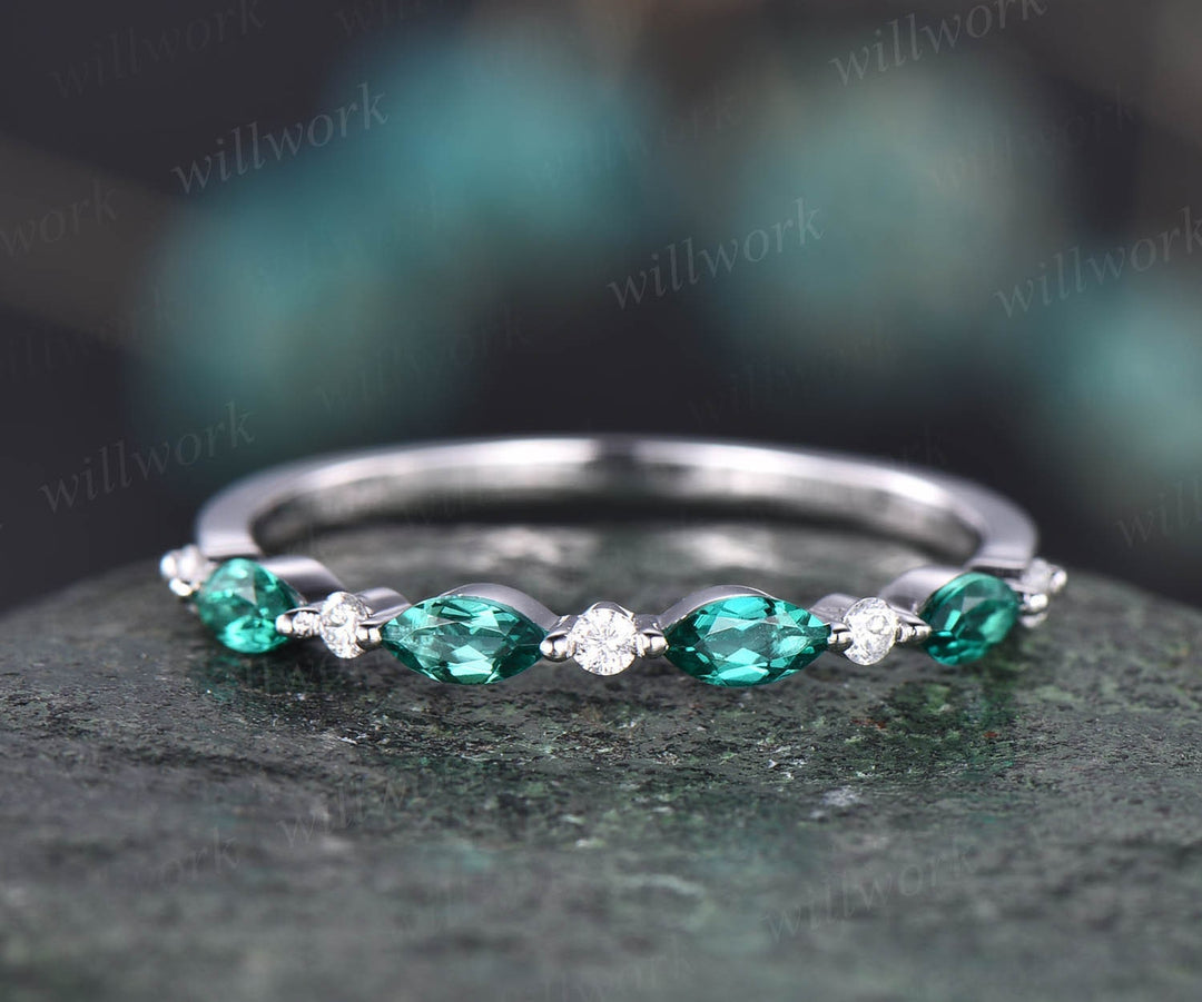 Marquise emerald ring emerald wedding band real diamond wedding ring band diamond ring for women 14k rose gold unique vintage ring gift