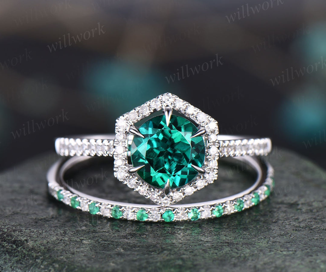 Hexagon halo diamond ring set round shaped emerald engagement ring set rose gold ring for women natural emerald wedding ring band bridal set