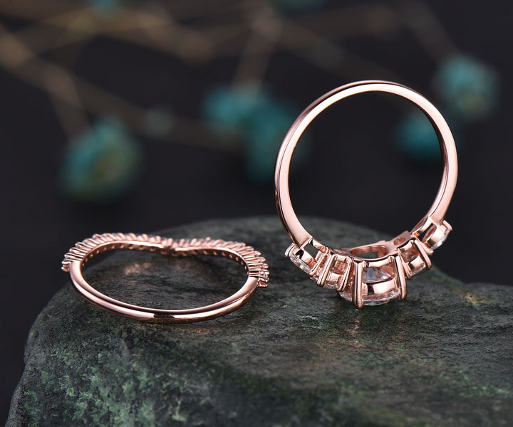 Round cut moissanite engagement ring set art deco rose gold ring for women five stone half eternity moissanite ring set promise ring set