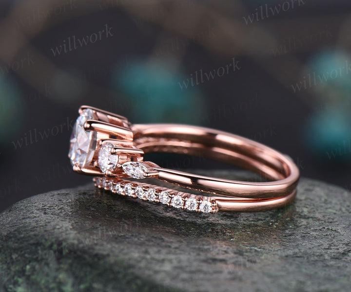 Round cut moissanite engagement ring set art deco rose gold ring for women five stone half eternity moissanite ring set promise ring set