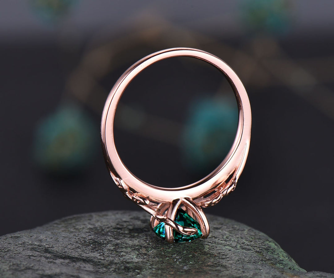Emerald ring vintage emerald engagement ring rose gold solitaire ring art deco leaf flower ring unique antique wedding promise ring for her