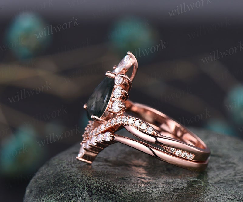 Pear shaped Alexandrite engagement ring set14k rose gold Art deco halo unique vintage engagement ring infinity moissanite ring for women