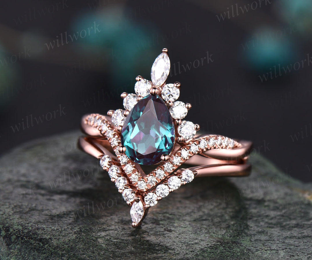 Pear shaped Alexandrite engagement ring set14k rose gold Art deco halo unique vintage engagement ring infinity moissanite ring for women