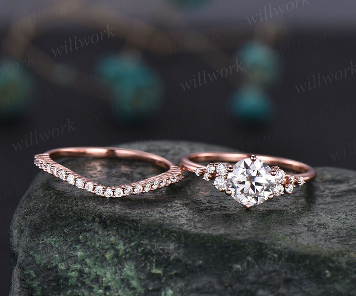 Cluster vintage moissanite engagement ring set rose gold half eternity round cut wedding ring set unique anniversary ring set for her women