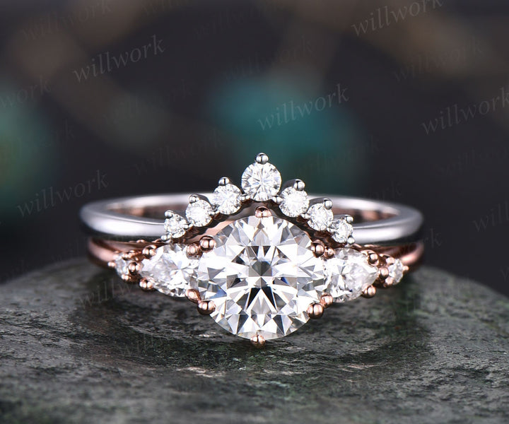 Round cut moissanite ring vintage moissanite engagement ring set five stone rose gold unique engagement ring promise bridal wedding ring set