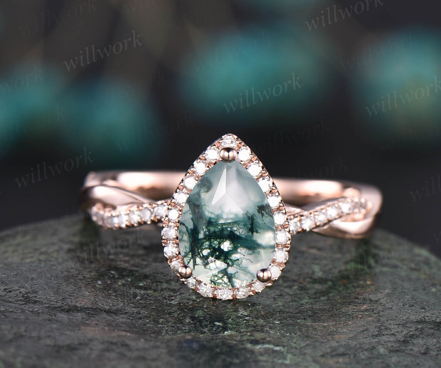 Pear shaped moss agate engagement ring vintage rose gold wedding ring ...