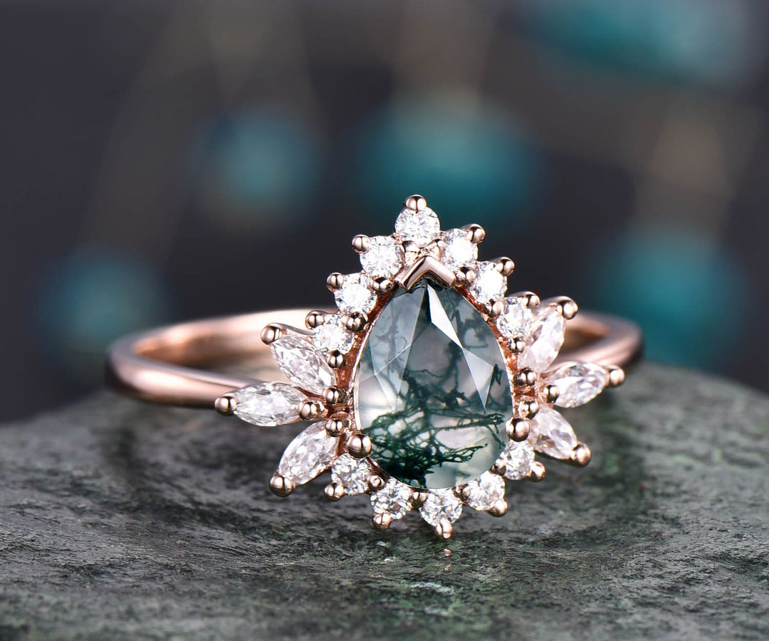 Pear moss agate bridal ring vintage moss agate engagement ring halo ring marquise moissanite ring rose gold ring wedding anniversary gift