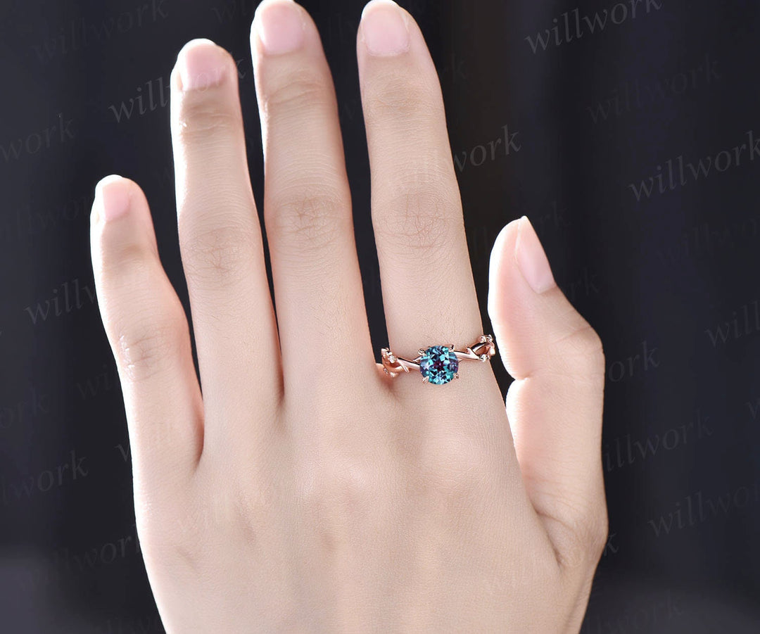 Round Alexandrite ring for women vintage Alexandrite engagement ring art deco rose gold bridal ring infinity leaf diamond ring promise ring