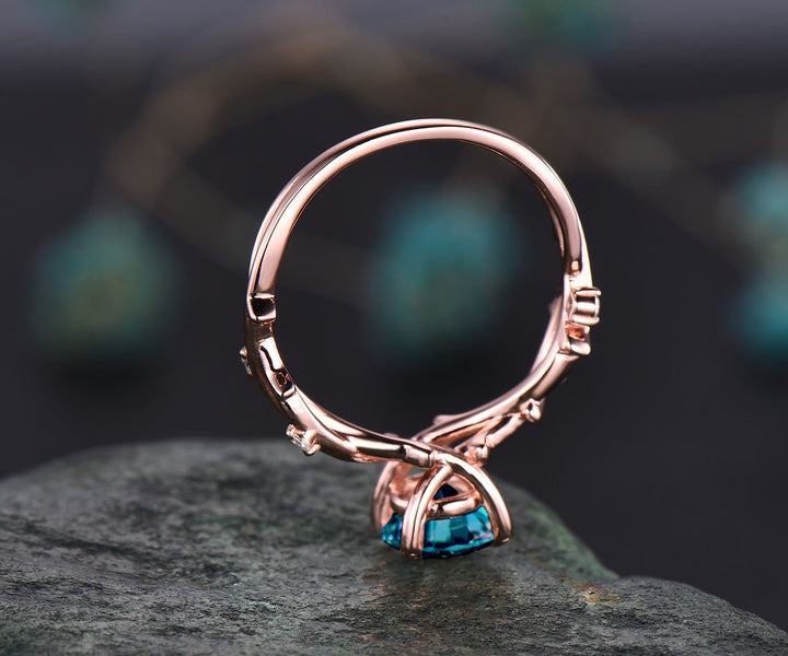 Twig round cut Alexandrite engagement ring rose gold five stone leaf Nature inspired infinity diamond anniversary wedding ring women gift