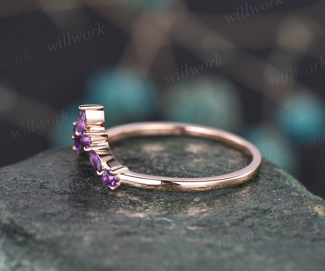 Curved V shaped wedding band marquise amethyst wedding ring unique amethyst wedding band solid 14k rose gold ring anniversary ring gift