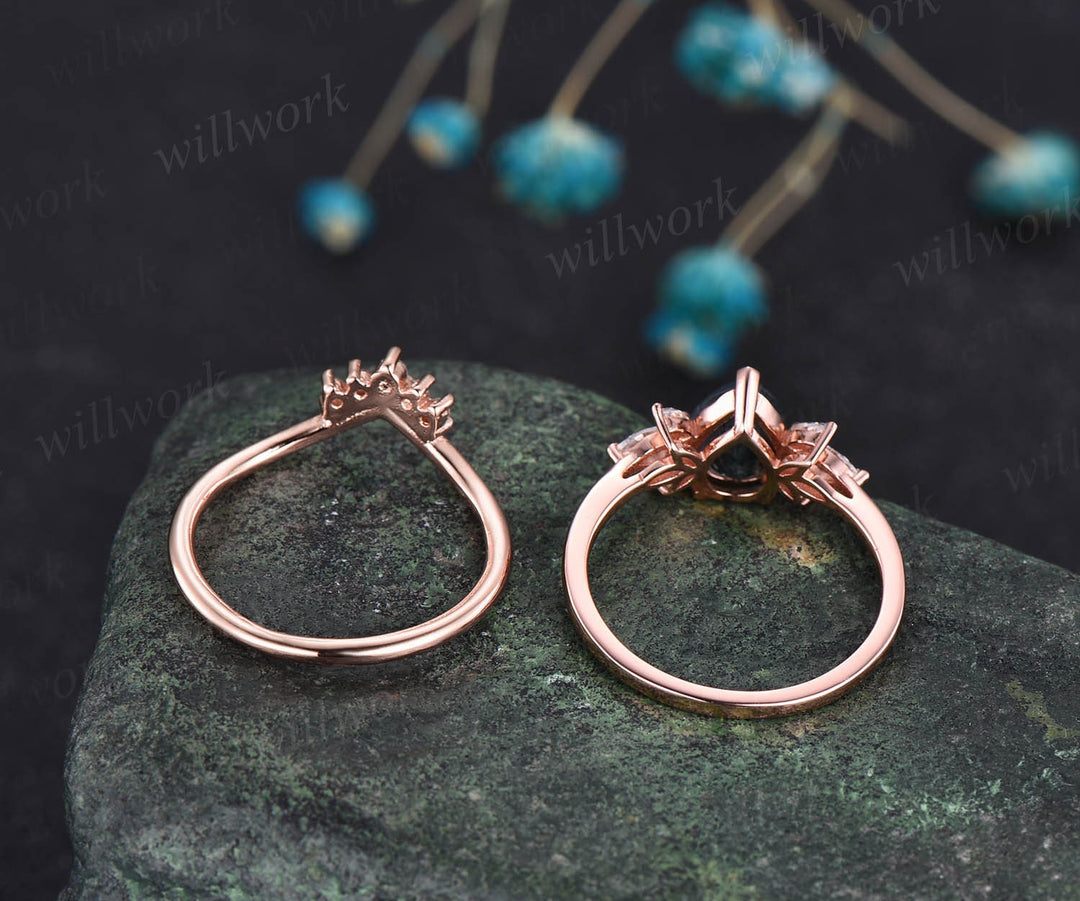 Pear emerald engagement ring set vintage art deco unique engagement ring set rose gold ring women marquise flower bridal anniversary ring
