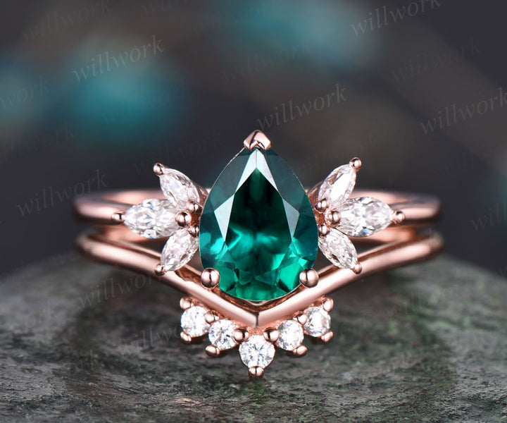 Pear emerald engagement ring set vintage art deco unique engagement ring set rose gold ring women marquise flower bridal anniversary ring