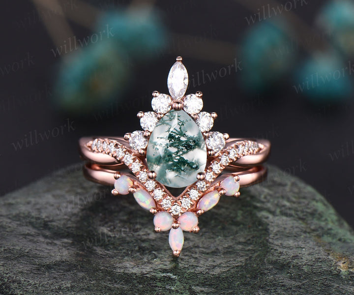 Art deco halo marquise unique vintage green moss agate engagement ring set rose gold opal ring women moissanite anniversary ring set gift