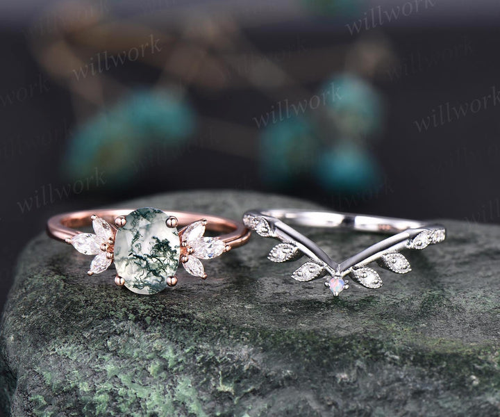Vintage oval cut green moss agate engagement ring set rose gold art deco leaf flower opal ring siver moissanite wedding ring set for women