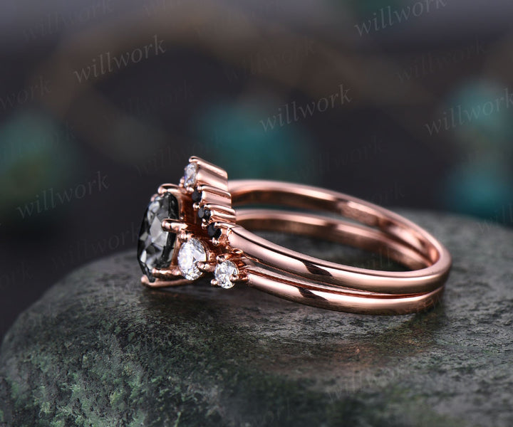 Vintage black rutilated quartz engagement ring set five stone rose gold ring women black diamond ring set stacking ring set promise ring