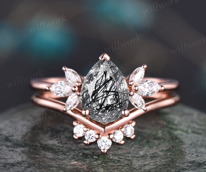 Vintage black rutilated quartz engagement ring set unique pear shaped ring cluster moissanite ring set marquise ring set rose gold ring gift