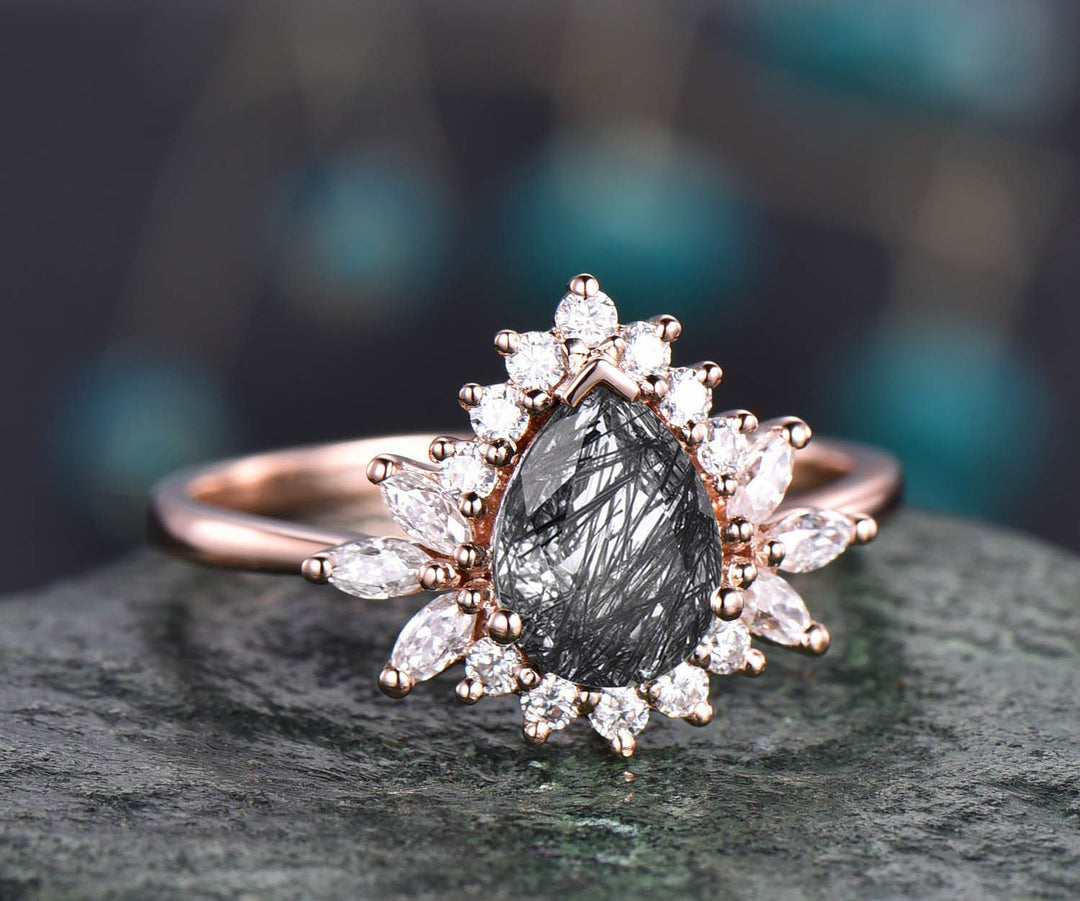 Pear cut black rutilated quartz engagement ring vintage style engagement rings 14k rose gold art deco ring cluster halo moissanite ring gift