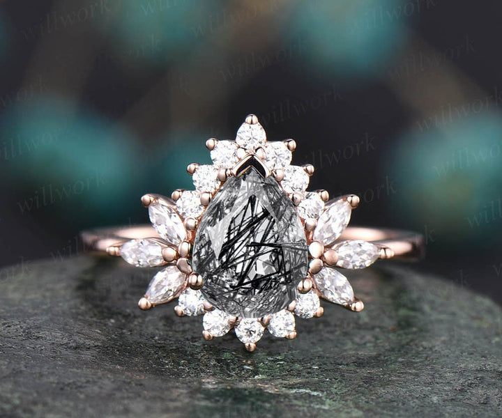 Pear cut black rutilated quartz engagement ring vintage style engagement rings 14k rose gold art deco ring cluster halo moissanite ring gift