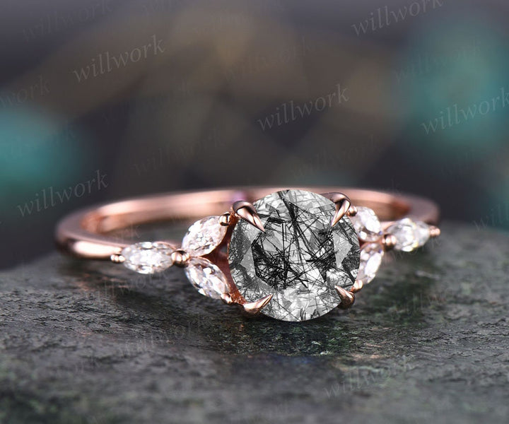 Vintage style black rutilated quartz engagement ring rose gold art deco cluster ring round cut bridal ring moissanite ring band women gift