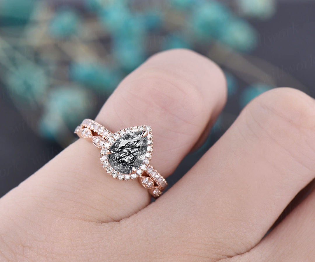 Pear shaped black rutilated quartz engagement ring set vintage diamond ring set unique anniversary ring set rose gold ring set for women