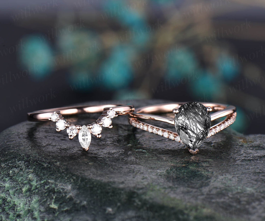 Unique bridal ring set Vintage style black rutilated quartz engagement ring set rose gold ring set for women art deco moissanite ring set