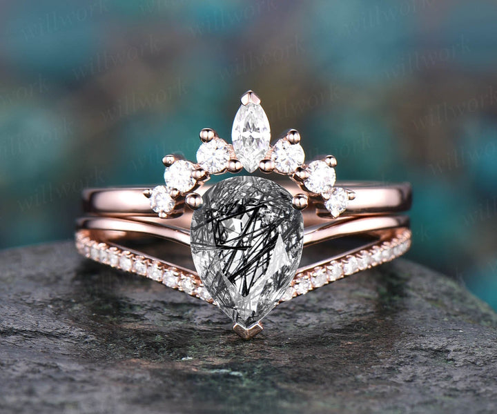 Unique bridal ring set Vintage style black rutilated quartz engagement ring set rose gold ring set for women art deco moissanite ring set