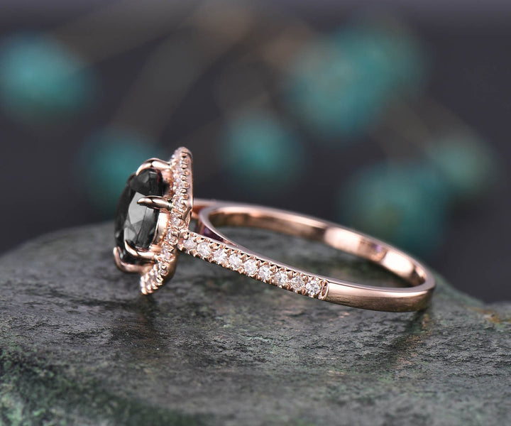 Hexagon halo diamond ring round black rutilated quartz engagement ring vintage rose gold ring for women eternity bridal ring wedding gift