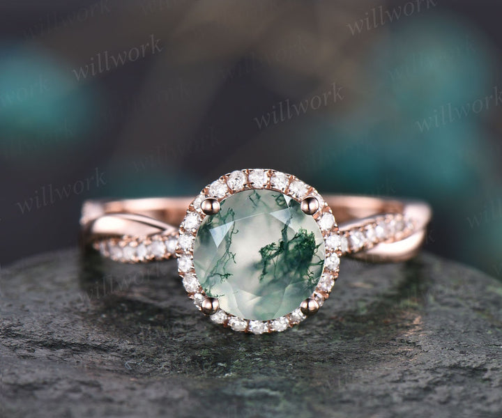 Round cut moss agate engagement ring vintage infinity diamond ring for women rose gold wedding ring eternity ring halo ring custom jewelry