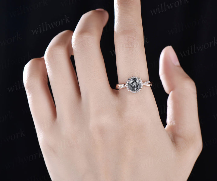 infinity halo diamond engagement ring vintage black rutilated quartz engagement ring Twisted solid rose gold ring eternity wedding ring gift