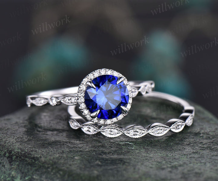 Art deco sapphire engagement ring set vintage halo Milgrain diamond ring white gold marquise ring setting women September birthstone ring