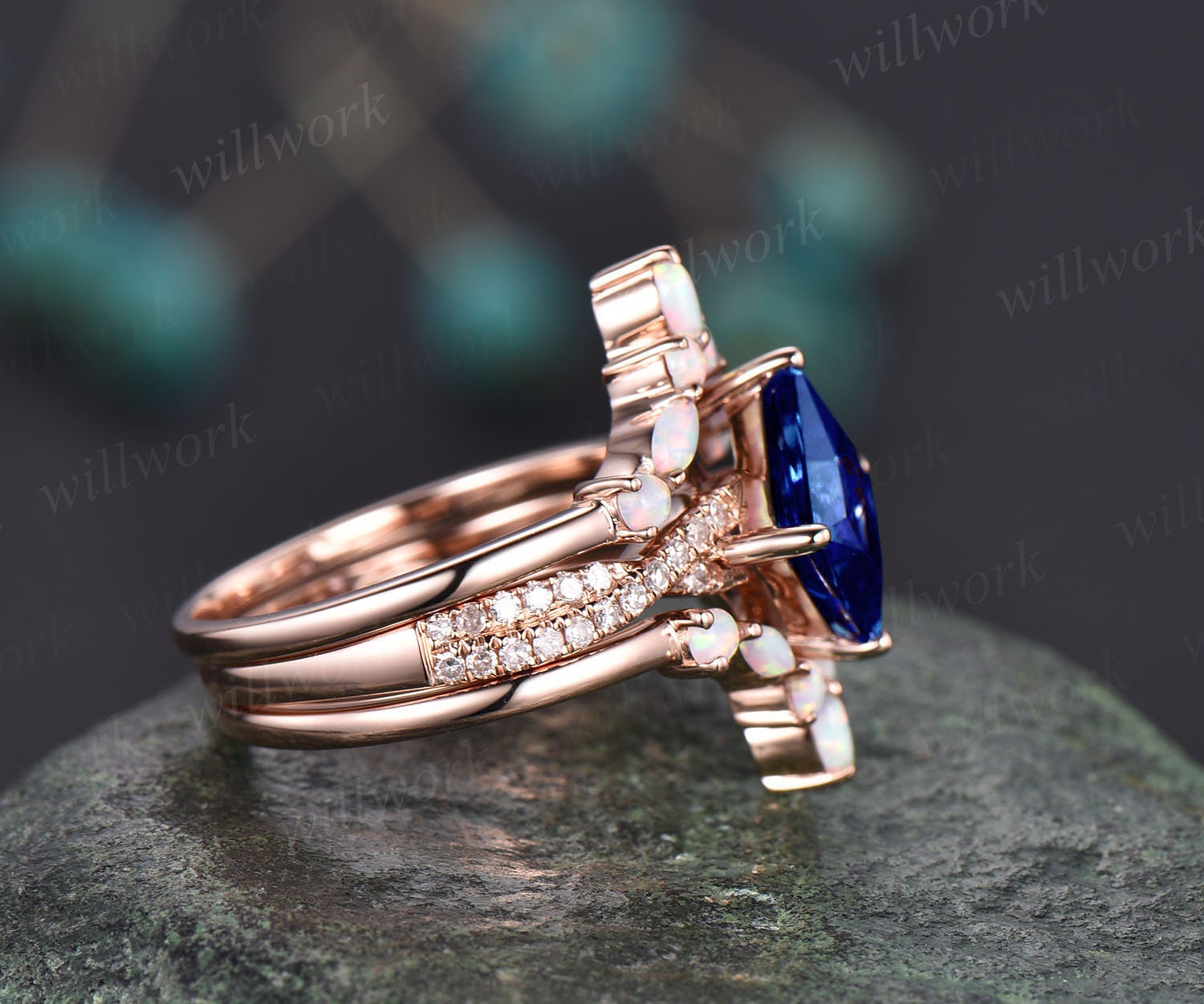 Princess cut sapphire engagement ring set vintage opal ring