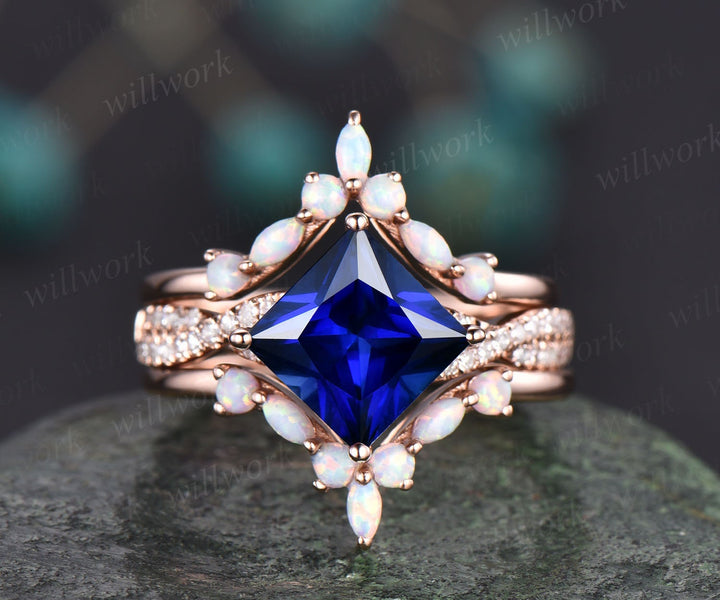 Princess cut sapphire engagement ring set vintage opal ring set marquise ring set infinity moissanite ring set rose gold ring for women gift