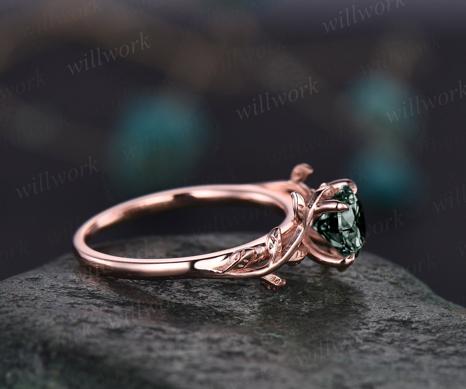 Round cut moss agate ring for women dainty Twig store vintage moss agate engagement ring leaf art deco rose gold wedding bridal promise ring gift