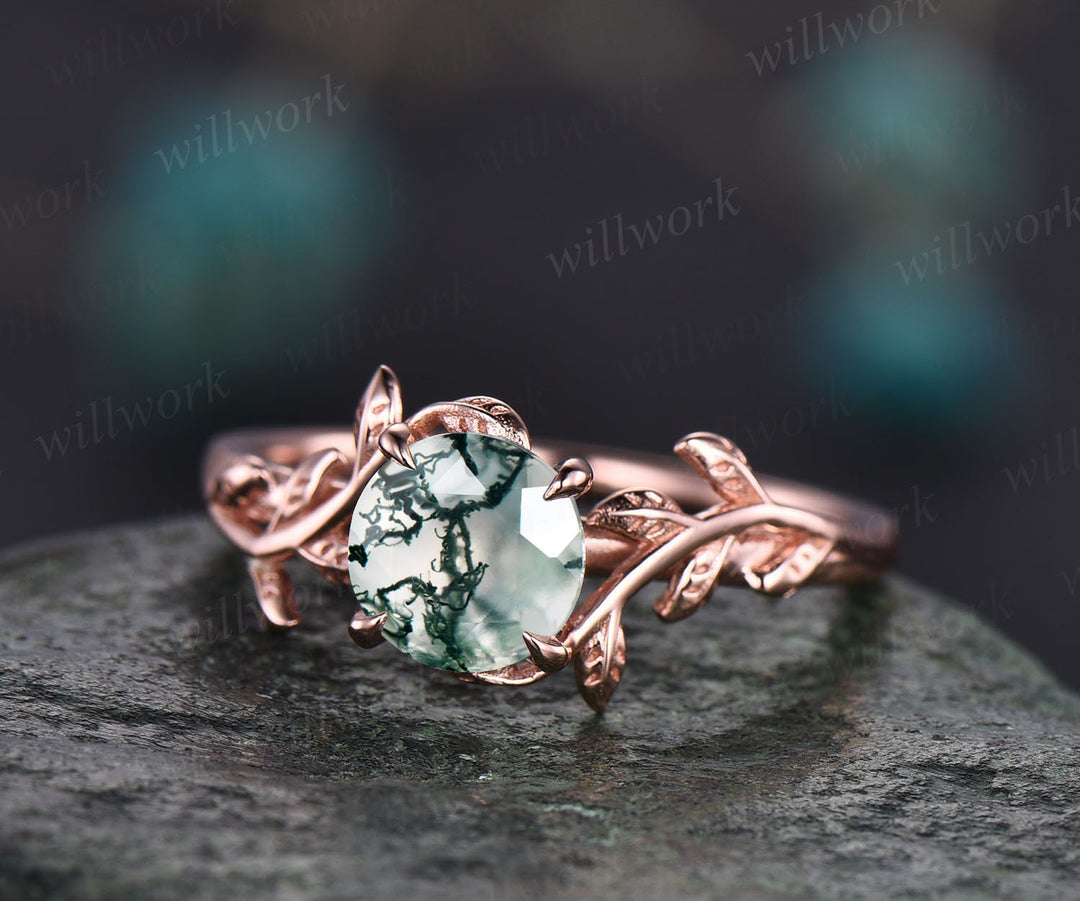 Round cut moss agate ring for women dainty Twig vintage moss agate engagement ring leaf art deco rose gold wedding bridal promise ring gift
