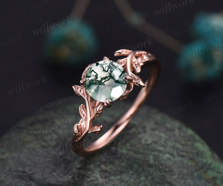 Round cut moss agate ring for women dainty Twig vintage moss agate engagement ring leaf art deco rose gold wedding bridal promise ring gift