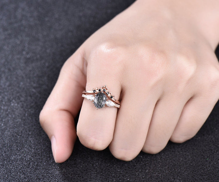 Vintage black rutilated quartz engagement ring set rose gold bridal ring set black diamond ring set unique moissanite ring set for women