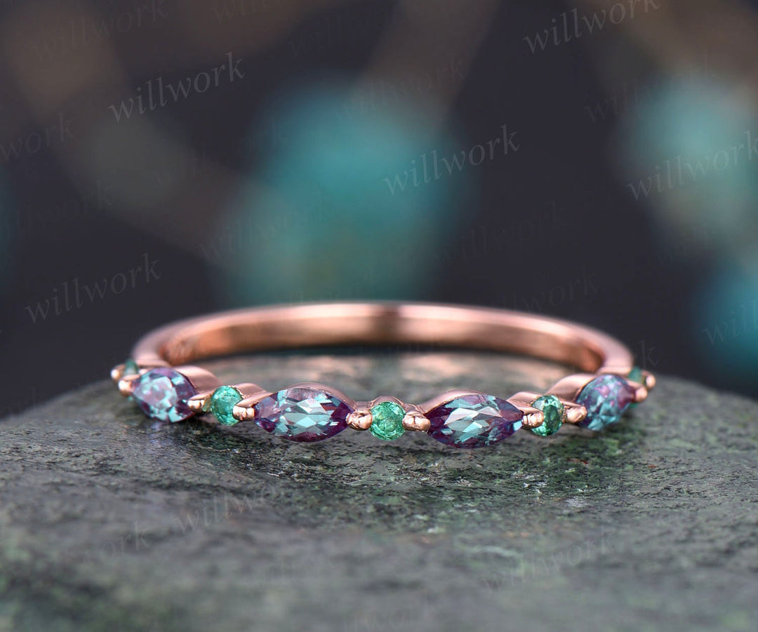 Marquise alexandrite wedding band Natural emerald ring for women vintage emerald wedding ring rose gold eternity bridal anniversary ring