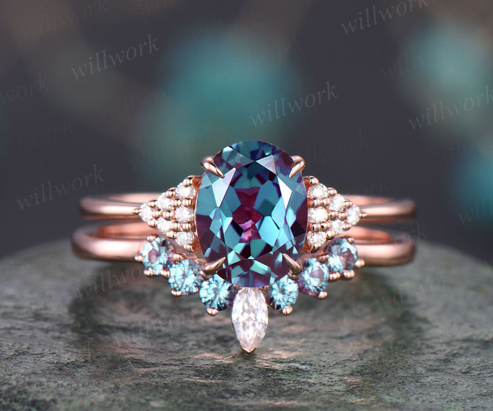 Oval Alexandrite engagement ring set vintage rose gold moissanite bridal ring set custom art deco ring unique gift crown ring women jewelry