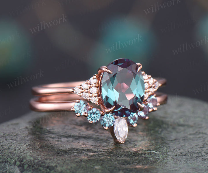 Oval Alexandrite engagement ring set vintage rose gold moissanite bridal ring set custom art deco ring unique gift crown ring women jewelry