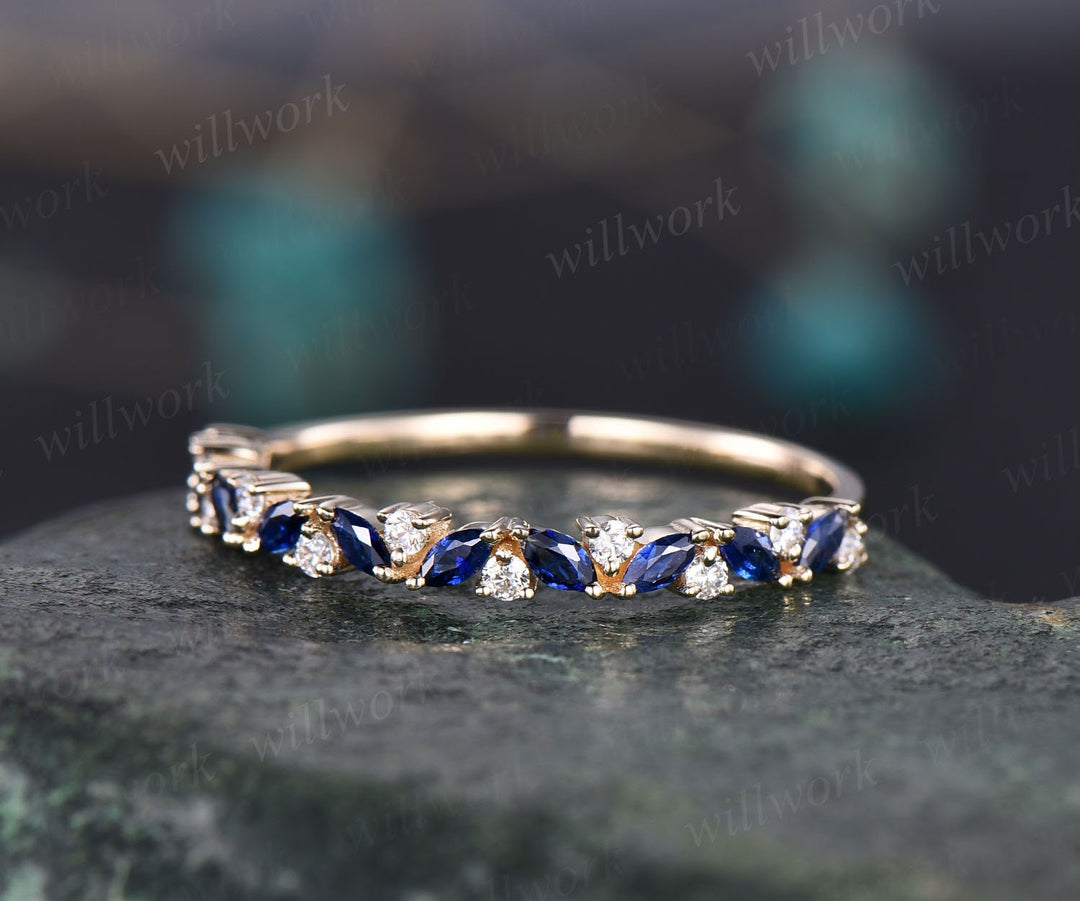 Marquise sapphire ring for women vintage solid 14k rose gold moissanite ring natural sapphire wedding band dainty jewelry bridal ring gift