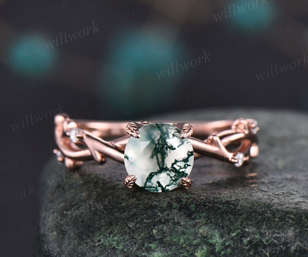 Hexagon Moss Agate Engagement Ring Leaf Flower Rose Gold Silver