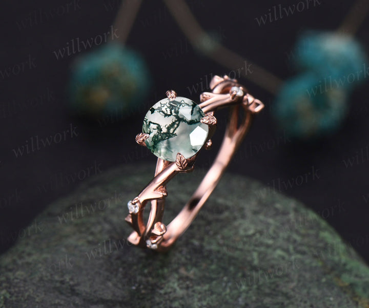 Round moss agate ring for women vintage moss agate engagement ring leaf diamond ring dainty rose gold antique anniversary bridal ring gift