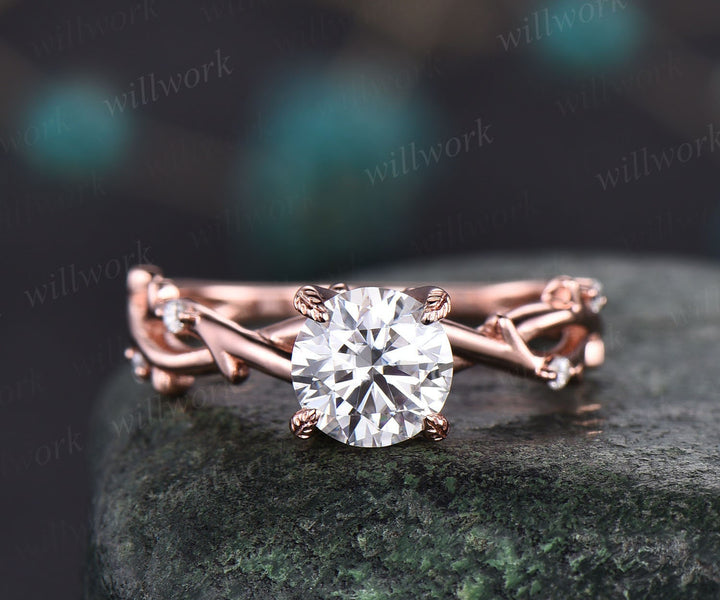 Vintage moissanite engagement ring art deco ring rose gold round cut ring twisted leaf diamond ring prong set antique anniversary ring gift