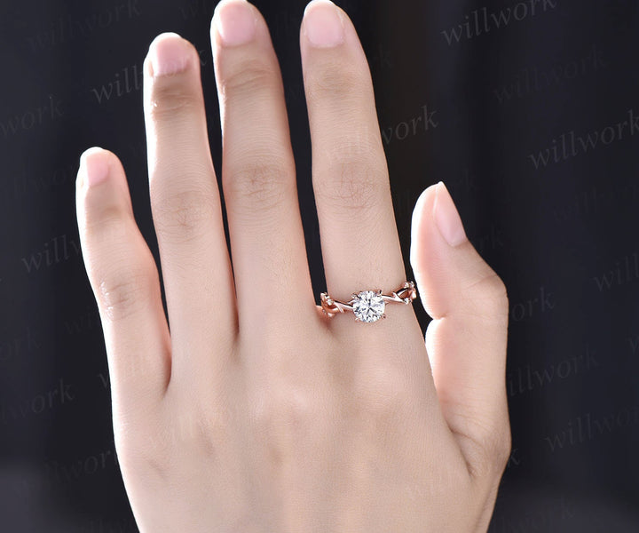 1ct twig roung cut moissanite engagement ring 14k rose gold five stone leaf branches diamond ring women unique anniversary ring gift for her