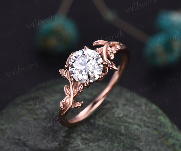 Vintage moissanite engagement ring for women rose gold art deco leaf flower ring unique solitaire bridal ring round cut ring wedding ring