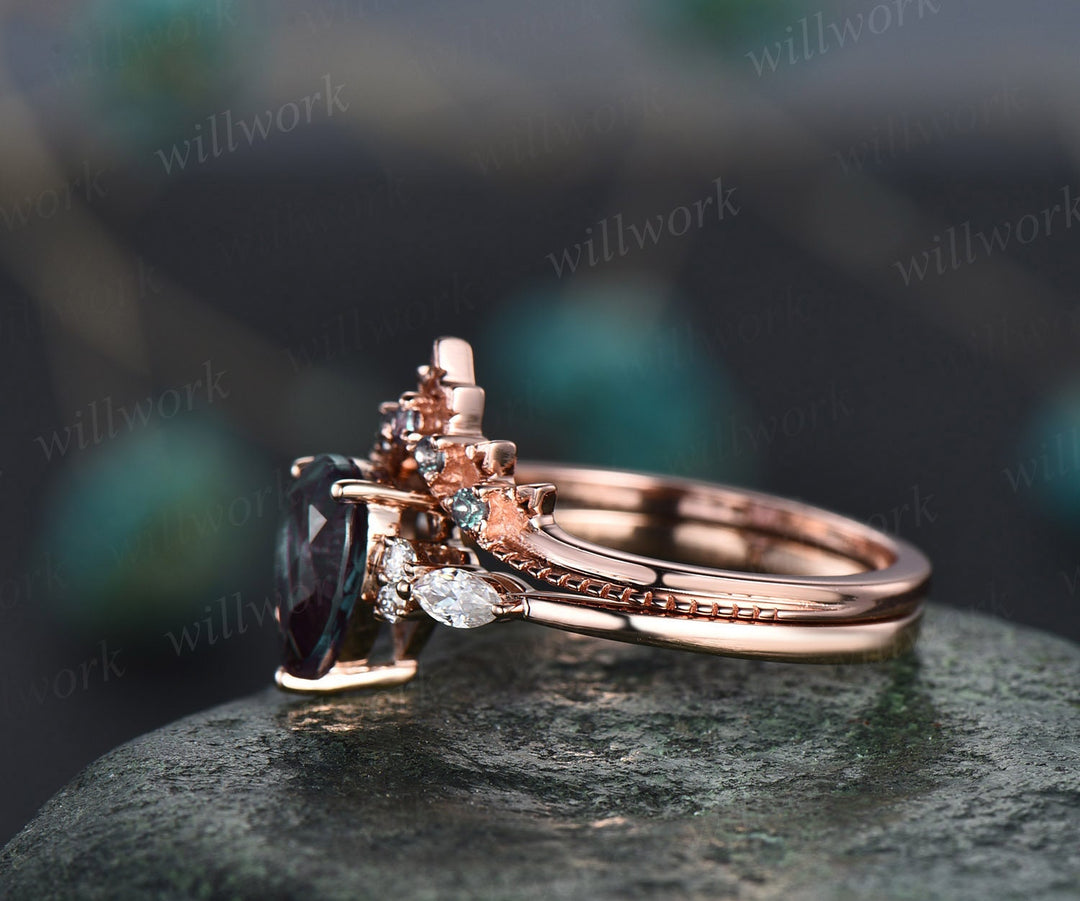 Alexandrite ring gold vintage Pear cut Alexandrite engagement ring set art deco rose gold ring women wedding promise stacking ring set gift