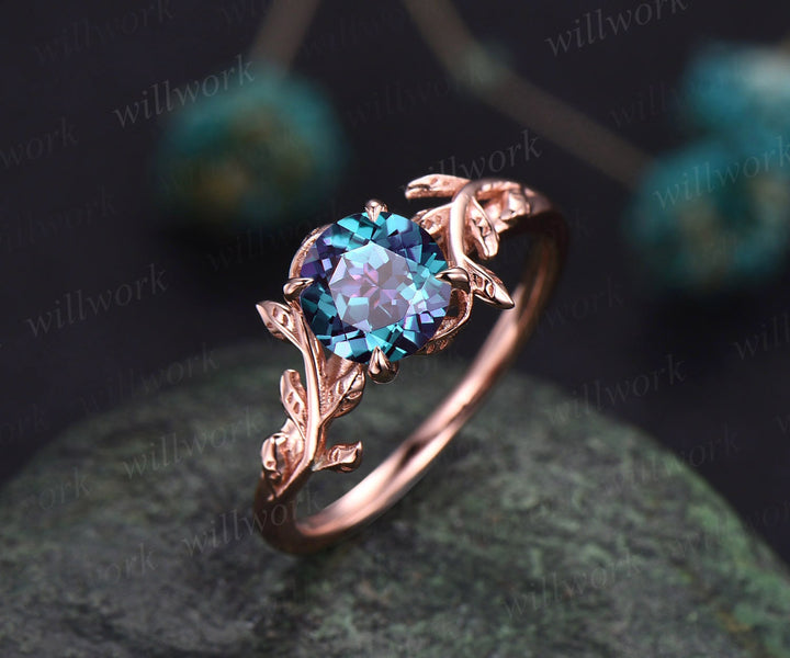Vintage round cut Alexandrite engagement ring leaf flower unique solitaire 14k rose gold engagement ring art deco 1ct wedding ring for women