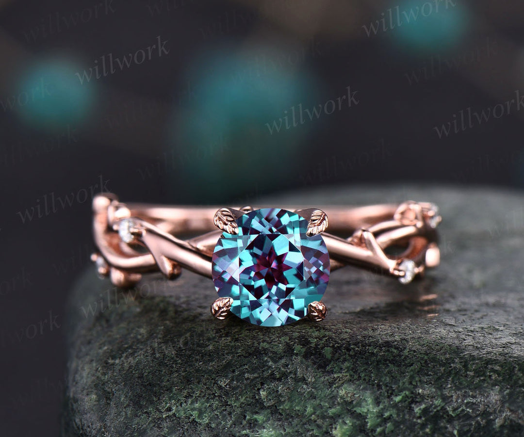 Round Alexandrite ring for women vintage Alexandrite engagement ring art deco rose gold bridal ring infinity leaf diamond ring promise ring